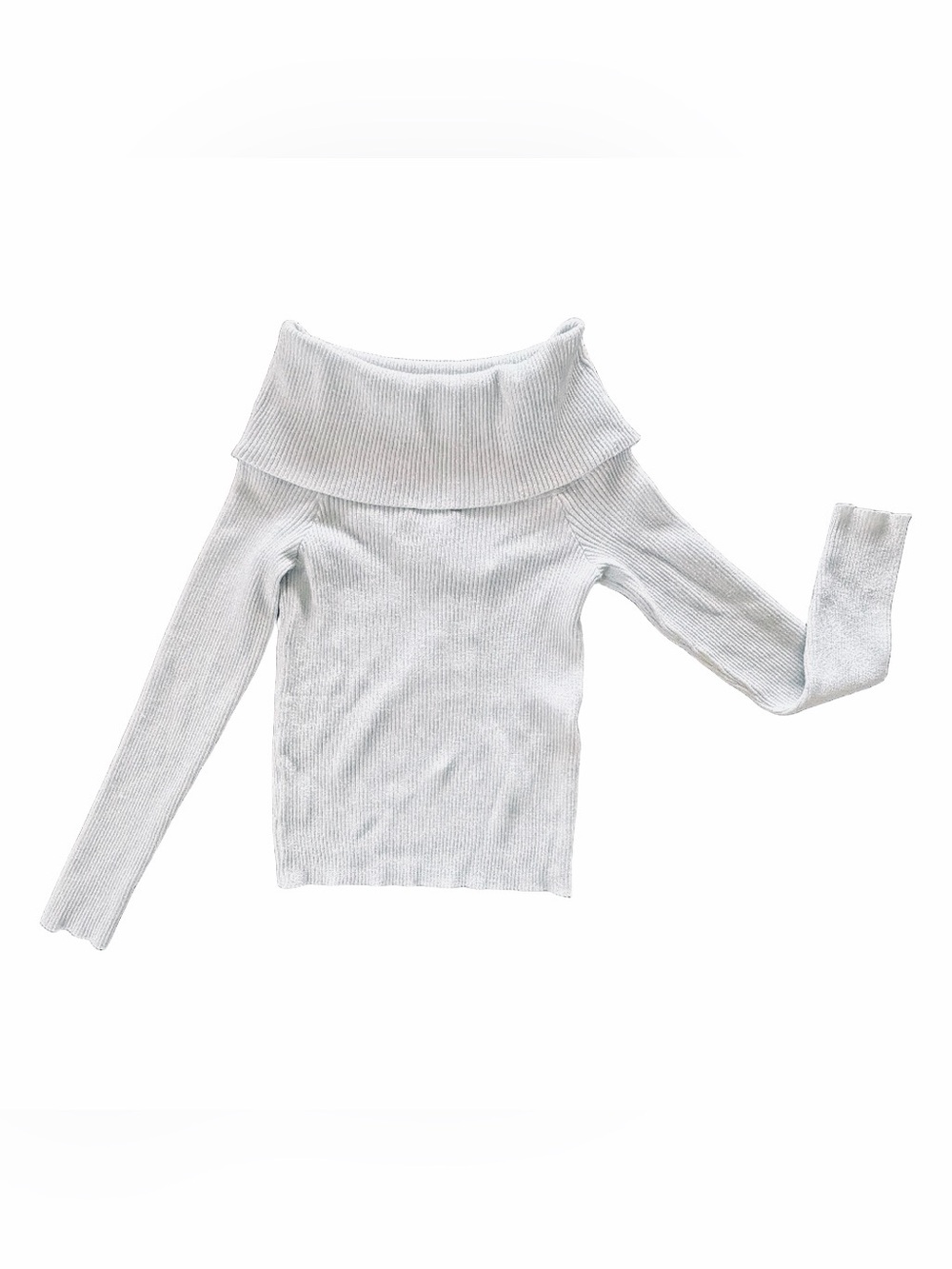 Silver Metallic Off Shoulder Ribbed Knit Sweater - Picture 3 of 3